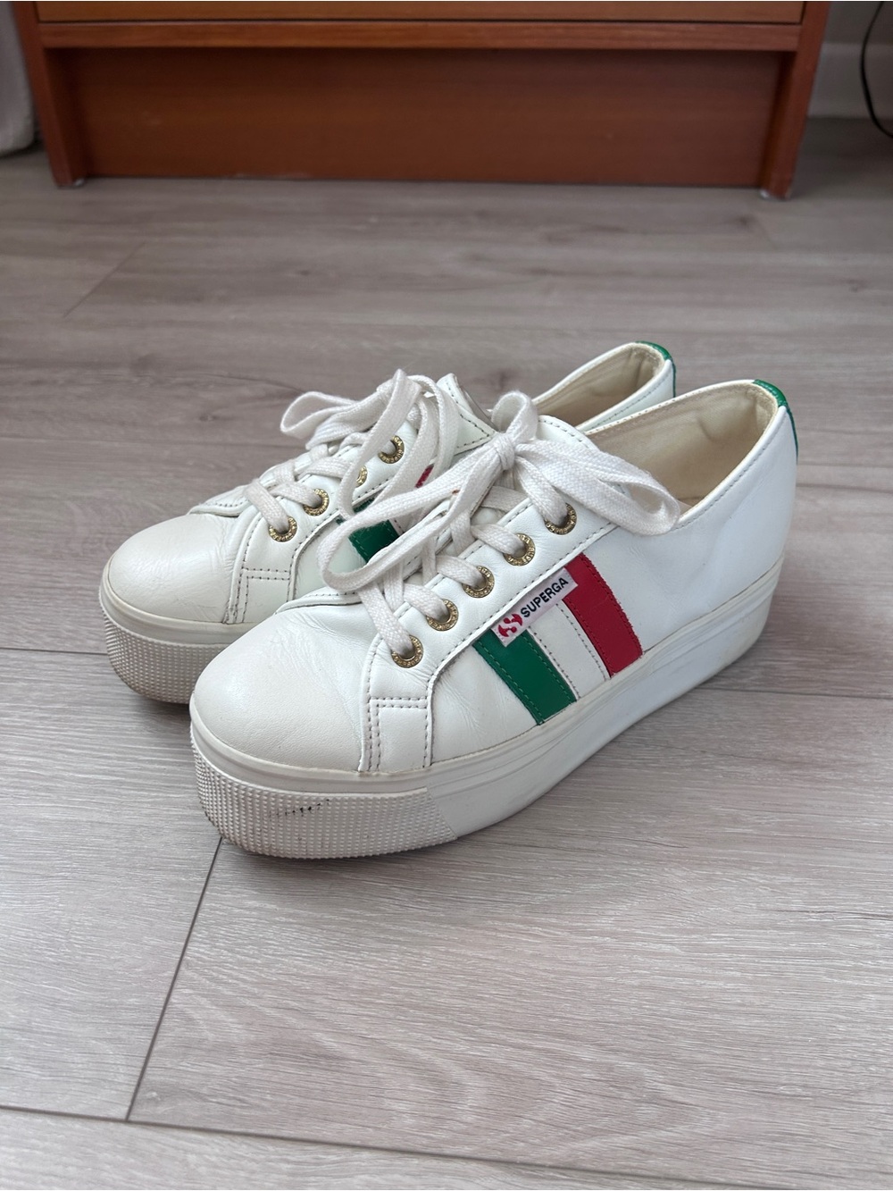Superga White Platform Sneakers with Green and Red Stripes